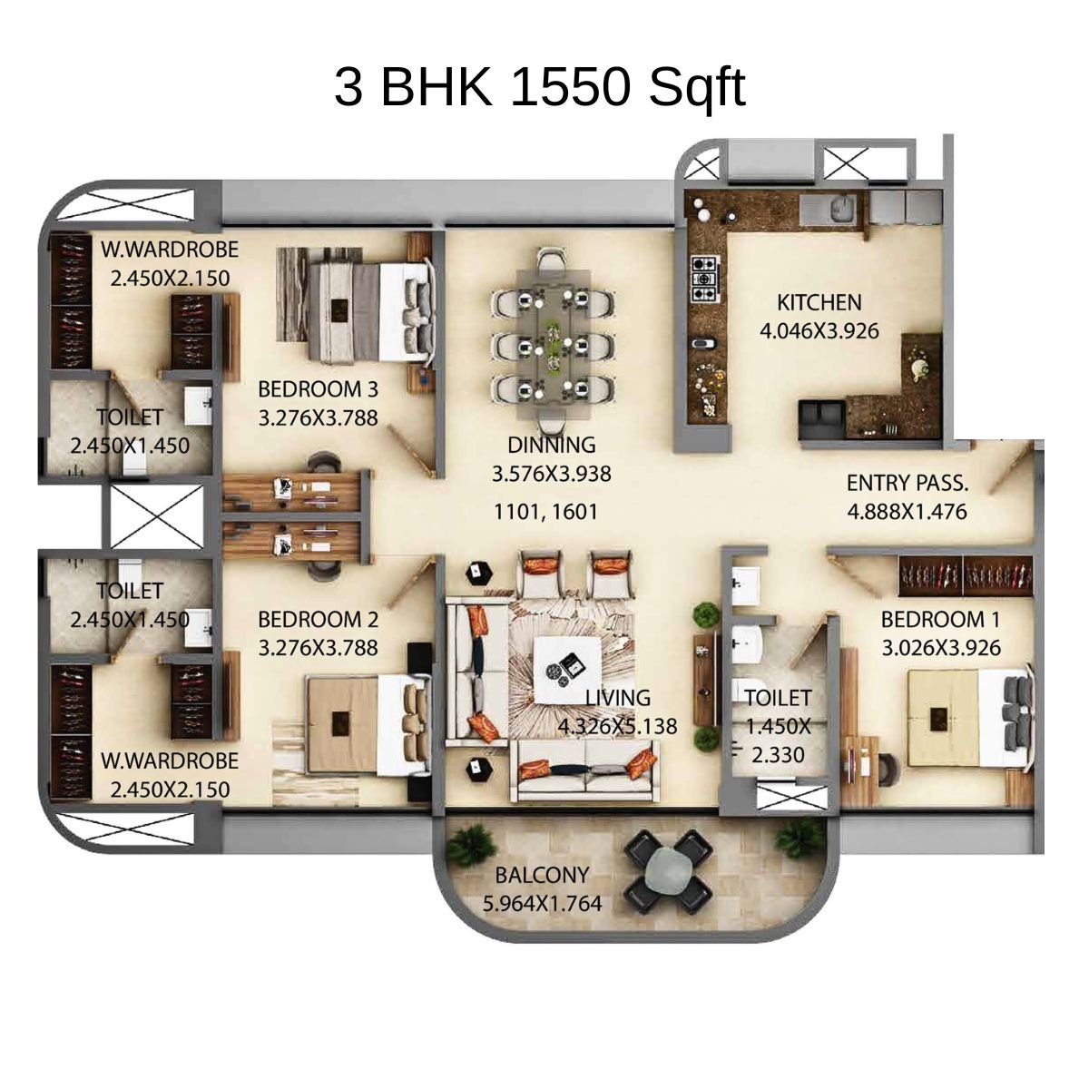 Kumar-Siddhachal-Floor-Plan-3-BHK-1550-Sqft